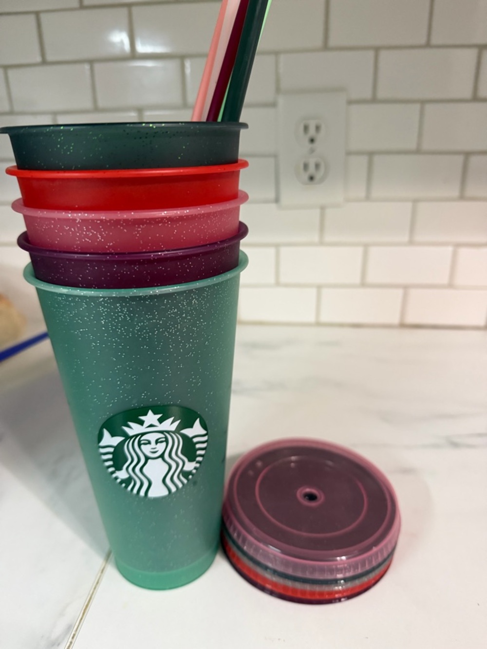 Starbucks Glitter Reusable 5 Tumblers  with Assorted Color Lids